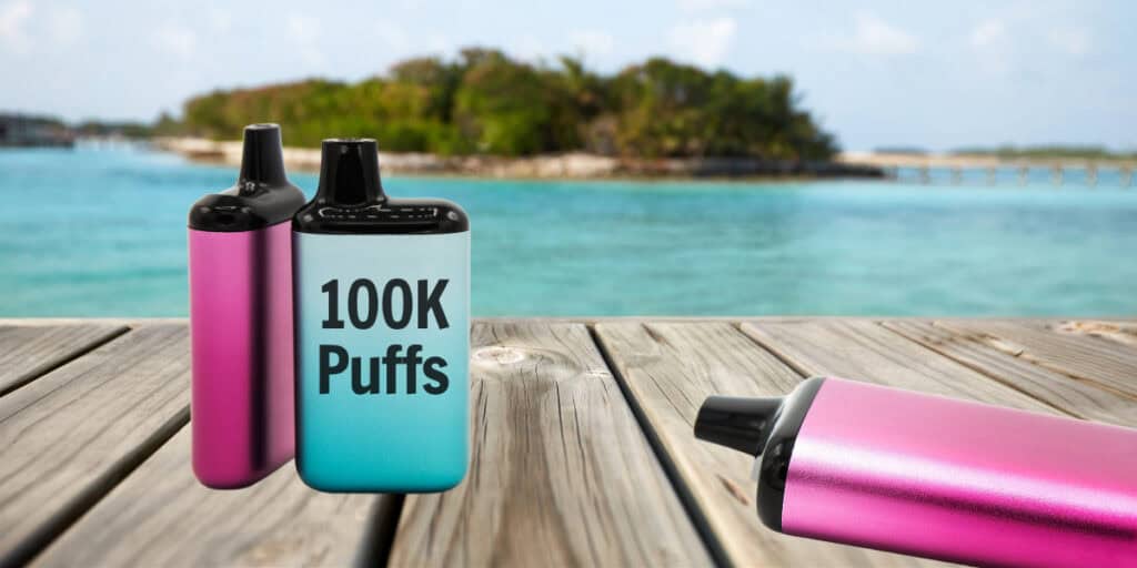 Two large disposable vape devices on a wooden dock with a tropical background, highlighting high puff capacity and modern design.