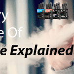 A person exhaling vapor from a vape device with various vape types displayed above.
