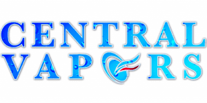 Central Vapors logo featuring bold blue text with a stylized vapor swirl in the center, representing a vaping brand.