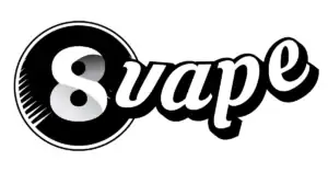 8Vape logo featuring a vinyl record design with bold black and white text, representing a modern vape brand.