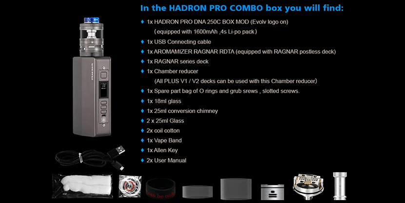 Steam crave hadron pro dna250c vape kit steam crave hadron pro dna250c mod $68. 99 | combo kit $104. 99