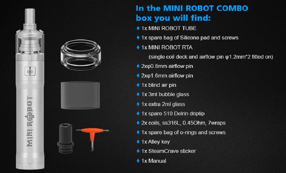 Steam crave mini robot vape kit steam crave mini robot mod $34. 90 | combo kit $28. 00