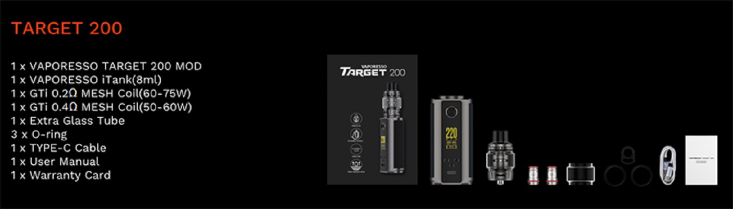 Vaporesso target 200 vape kit vaporesso target 200 mod $40. 70 | kit $42. 49 (usa)