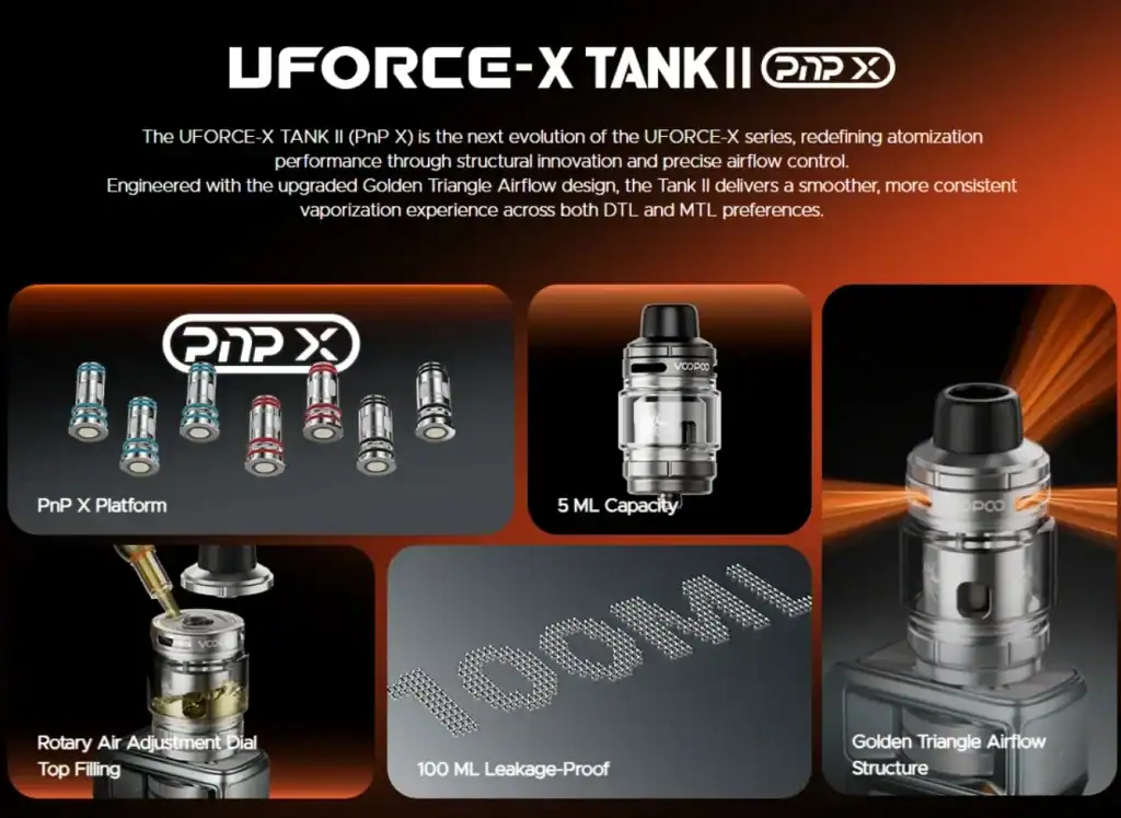 UFORCE-X TANK II PPX vape tank with 5ML capacity, golden triangle airflow, and leak-proof design for enhanced vaping experience.
