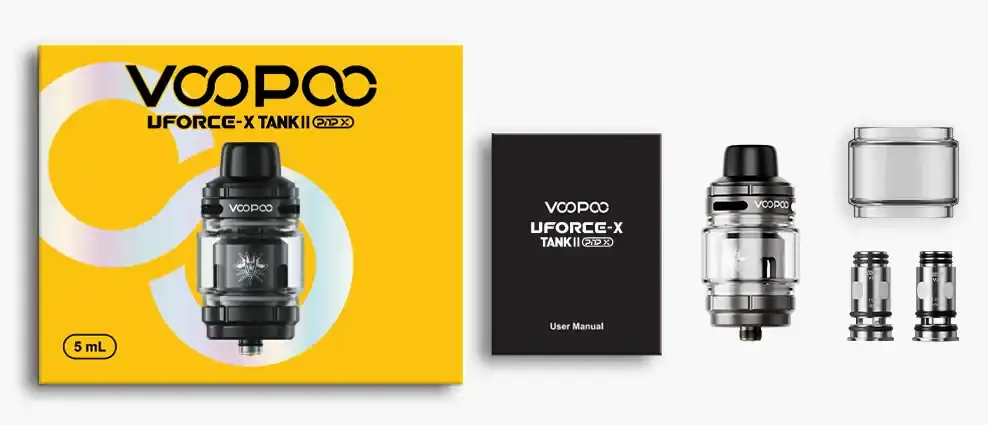 VooPoo UFORCE-X Tank Kit for vaping, includes tank, coils, and user manual, ideal for cloud chasers and flavor enthusiasts.