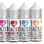 Assorted vape salt bottles featuring flavors like spearmint, pink lemonade, classic tobacco, blue raspberry, and peach mango for e-cigarette users.