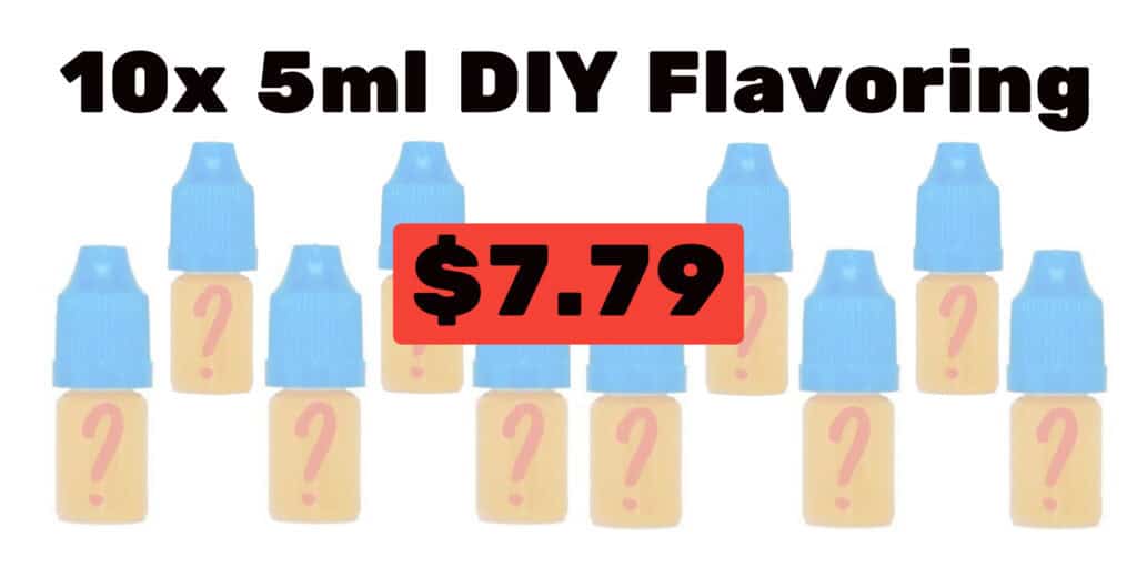 Image of 10 bottles of DIY e-juice flavor concentrates with question marks, priced at $7.79 for a 10-pack of 5ml bottles.