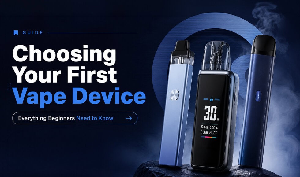Image showing different vape devices for beginners, including a digital vape with display, a sleek pen-style vape, and a compact vape, suitable for new users.
