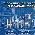Infographic showing the progression of vape devices from early cigalikes to modern smart pods and eco-friendly materials, highlighting technological advancements and sustainability.