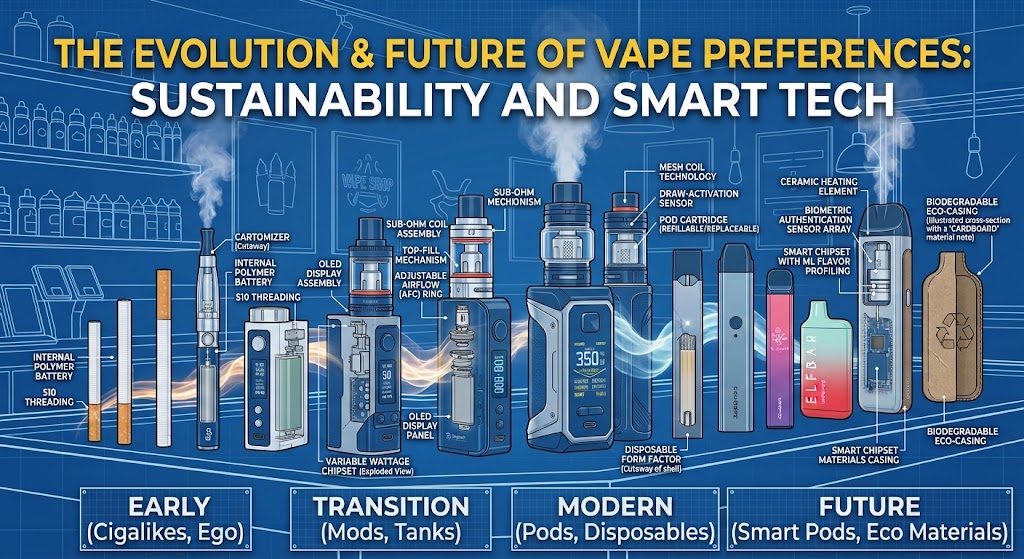 Infographic showing the progression of vape devices from early cigalikes to modern smart pods and eco-friendly materials, highlighting technological advancements and sustainability.